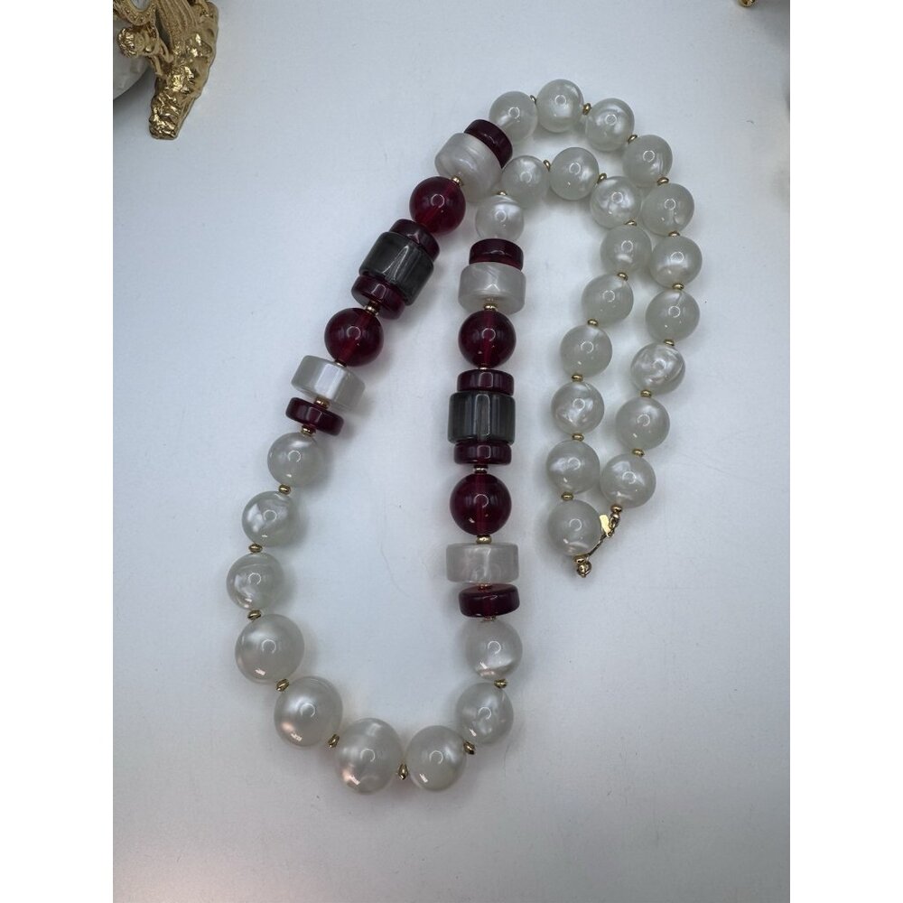 Vintage MONET Chunky White Moonglow Red Lucite Beaded Necklace Signed
